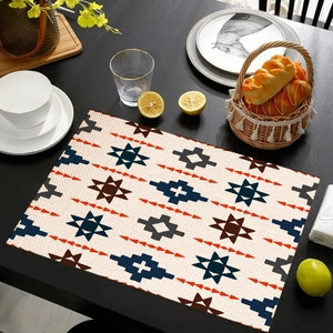 Bohemian style rectangular placemat with vintage geometric patterns on a black wooden table