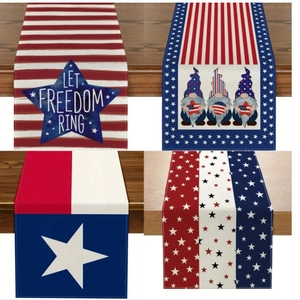 American Independence Day Linen Table Runner Patriotic Gnome Star Stripes Pattern Festive Kitchen Dining Table Decoration