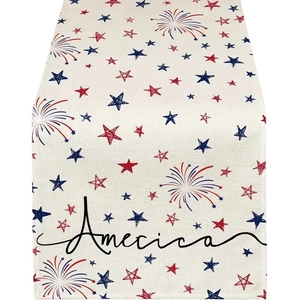 Linen American Independence Day table runner with red and blue star patterns and USA text