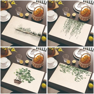 Linen Cotton Placemats Heat Resistant Washable Table Mats Tropical Green Leaves Monstera Palm Print Kitchen Dining Decor