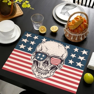 Detail shot of a black skull linen placemat with American flag design on a dining table