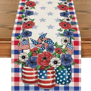 Patriotic July 4th table runner with floral stars and stripes on dark wood table