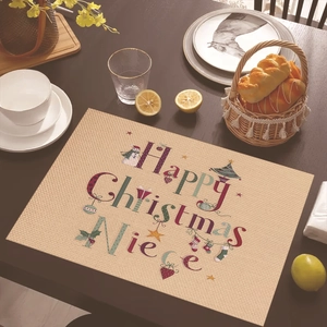 Christmas placemat for Niece with snowman and tree illustration on wood table