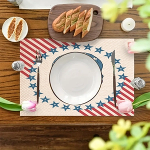 Linen placemat with American flag skull pattern on dark wooden table with tableware