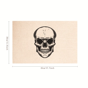 Linen placemat with black skull print and detailed 30x45cm size measurements