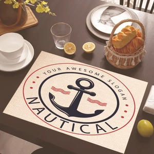 Detail of nautical placemat with anchor design on dark wooden dining table background
