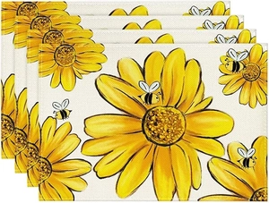 Set of 4 sunflower and honey bee placemats with a textured linen weave finish