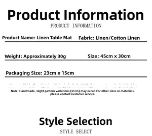 Linen placemat specification details showing dimensions 45x30cm and material texture