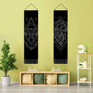 Minimalist black tapestry set featuring bull and female line art with elegant bottom tassels