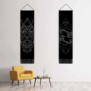 Modern black and white zodiac wall tapestries featuring lion and pisces geometric art
