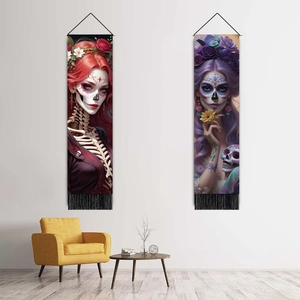Tapisseries verticales du Jour des Morts avec motifs de squelettes et franges noires