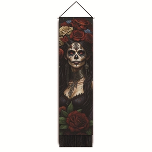 Tenture murale Jour des Morts Mexique avec femme squelette, roses rouges et pompons