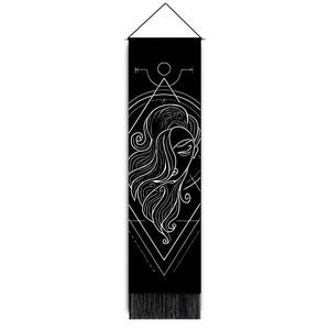 Detail of zodiac wall tapestry with white line art, wooden hanging rod and bottom tassels