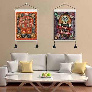 Day of the Dead wall tapestry set with skull pattern and wooden hanging rod