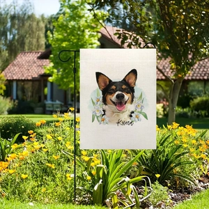 Double-sided linen garden flag with Corgi dog print and metal bracket in a sunny garden