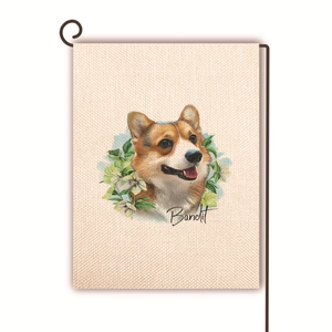 Detailed texture of burlap garden flag with Corgi dog print and floral pattern
