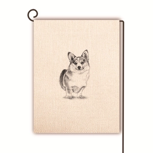 Detail of double-sided linen garden flag with hand-drawn Corgi dog sketch on iron pole