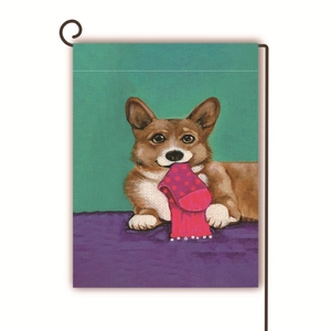 Detailed texture of linen garden flag featuring a cute corgi dog with a pink sock