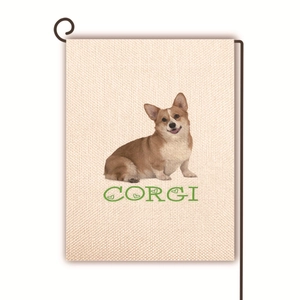 Detail of linen garden flag with realistic corgi print and corgi text on metal stand