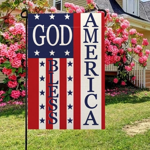 Dubbelzijdige linnen tuinvlag met God Bless America tekst en Amerikaans design