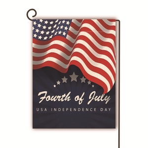 Detail van Fourth of July linnen tuinvlag met sterren en strepen op metalen standaard