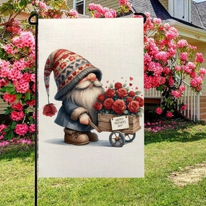 Doppelseitige Muttertags-Gartenflagge mit Zwerg und Rosen auf hochwertigem Leinen