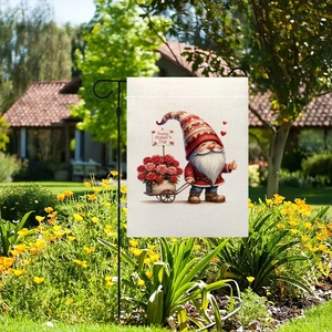 Doppelseitige Leinen Gartenfahne mit Gnom und roten Rosen für Muttertag Außendekoration
