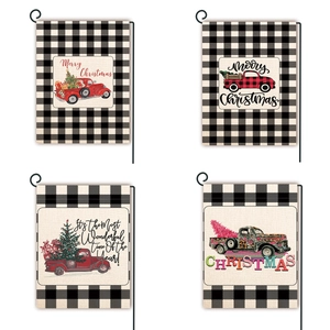 Bandiera da Giardino Merry Christmas Doppio Lato Lino Camion Rosso Quadri Buffalo Banner Esterno Decorazione Casa Invernale