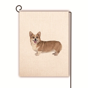 Détail du drapeau de jardin en lin avec imprimé corgi réaliste sur support en métal