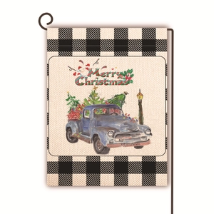 Gros plan détaillé du drapeau de jardin de Noël avec motif de camion bleu vintage