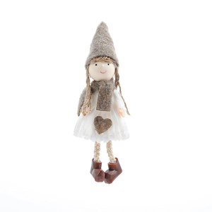Handgefertigte Plüschpuppe für Weihnachten mit grauer Filzmütze und weißem Spitzenkleid