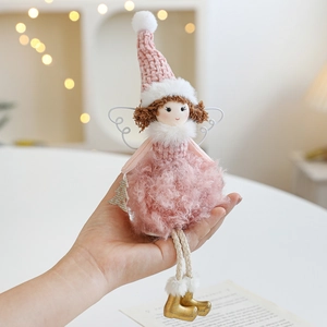 Pink plush angel doll with white wings and gold boots for Christmas tree decoration
