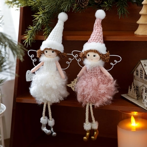 Charming plush Christmas angel doll ornaments in pink and white set for holiday tree decor