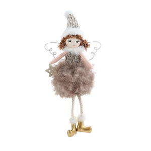 Plush Christmas angel ornament with gray knit hat and brown fur dress for tree decor