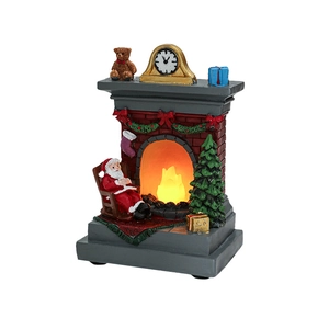 Christmas LED glowing fireplace ornament with Santa Claus and festive resin tree decoration