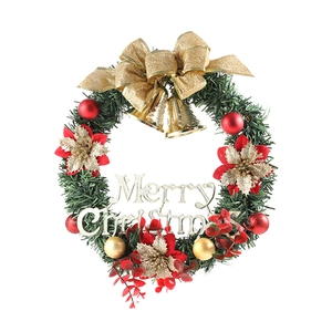 Couronne de Noël 30cm avec nœud doré, boules rouges et signe Merry Christmas