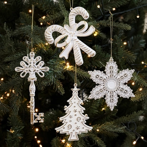 Retro Luxury White Gold Plastic Christmas Tree Hanging Ornaments For Holiday Home Party Decor Snowflake Star Elk Candy Cane Key