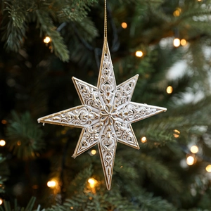 Vintage octagonal star Christmas ornament in cream white and gold with embossed texture