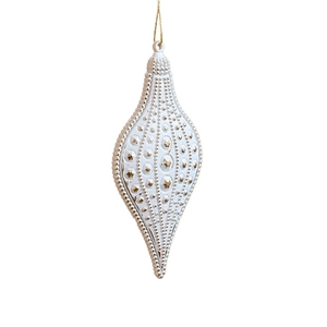 Matte white Christmas ornament with golden dots and star patterns in long drop shape