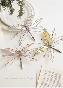 Detailed view of mesh butterfly clips with glitter edges and beads for Christmas decor