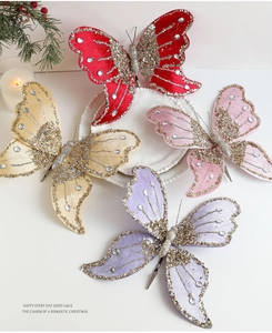 Set of four velvet Christmas butterfly clips with sequins and rhinestones for tree decor