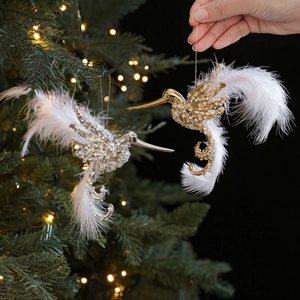 Luxury Rhinestone Hummingbird Christmas Tree Hanging Ornament With White Feather Plastic Glitzy Bird Festive Home Decor