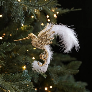 Glittery gold hummingbird Christmas ornament with white feathers and rhinestones