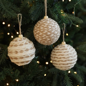 Set of 3 8cm woven jute and white cotton rope Christmas ball ornaments on a tree