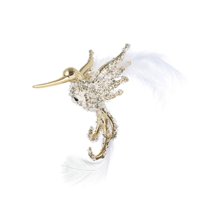 Sparkling hummingbird ornament with crystals and white feather details on gold base