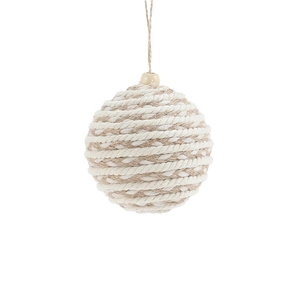 Christmas tree hanging ball ornament with ivory cotton and jute rope spiral weave