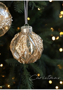Detail of 8cm gold glitter geometric Christmas ball ornament with white micro beads