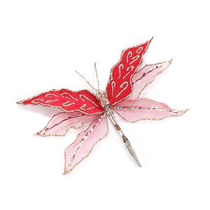 Sparkly mesh dragonfly decorative clip with red sequin wings and gold heart embroidery