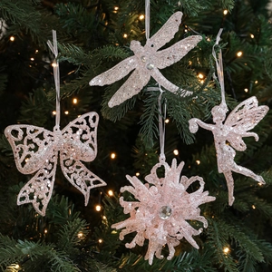 Pink glitter Christmas tree ornaments set with butterfly and dragonfly shapes