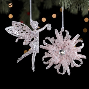 Pink glitter Christmas tree ornaments with fairy and snowflake pendants for festive decor